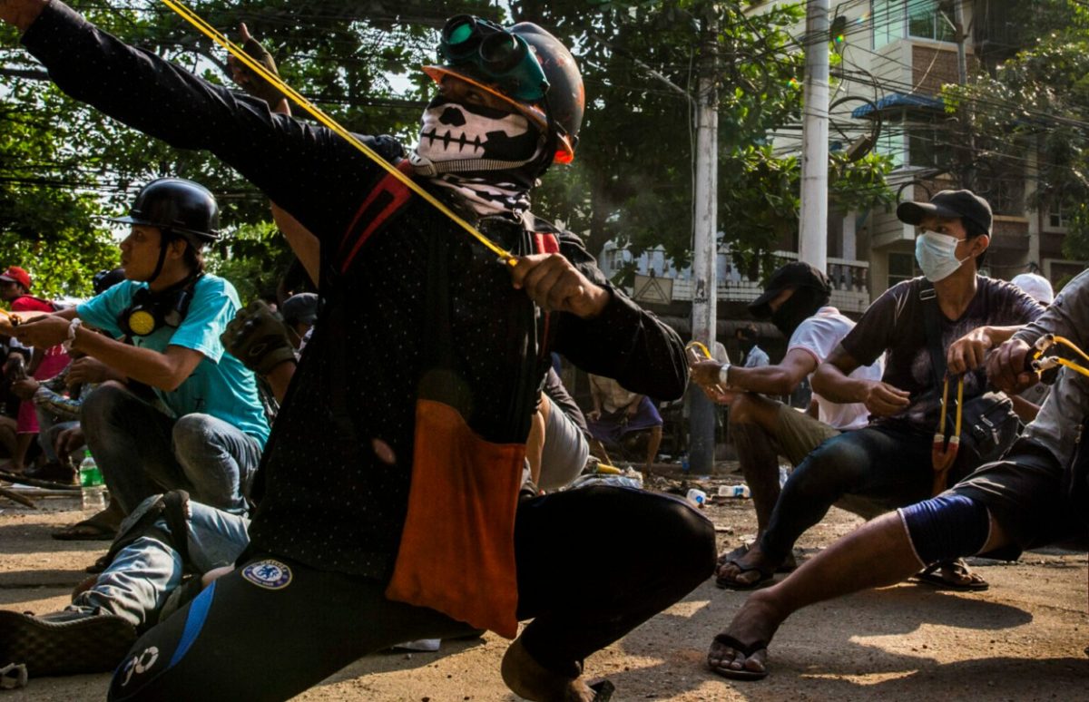 One of the winning images in 2021 for the Prix Bayeux, a demonstration on 28 March 2021 in Rangoon, Myanmar, taken by an anonymous photographer.
