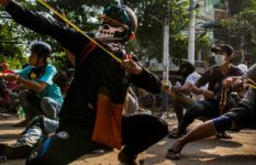 One of the winning images in 2021 for the Prix Bayeux, a demonstration on 28 March 2021 in Rangoon, Myanmar, taken by an anonymous photographer.