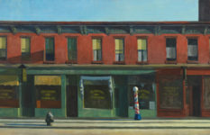 Edward Hopper, Early Sunday Morning, 1930, a painting of a row of low buildings with shops on the ground floors. There is a red-and-white barber's pole in front of one of them.