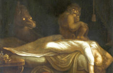 Johann Heinrich Füssli (1741 – 1825) The Nightmare. A woman lied half-on-half-off a bed. There is a strange creature crouched on her chest and a horse behind with bright eyes.