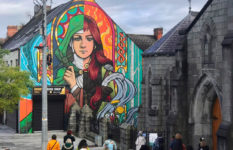 A colourful mural of St Brigid painted in 2022 in Dundalk, Ireland.