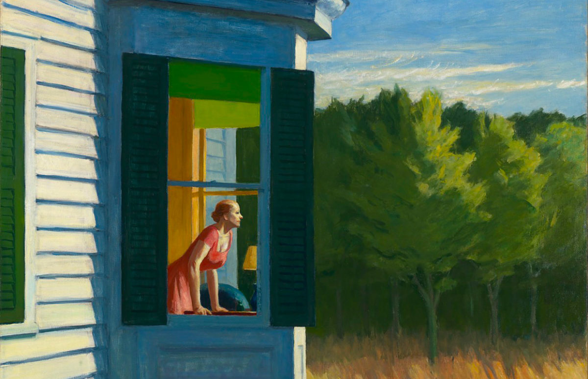 Edward Hopper, Cape Cod Morning, 1950, A woman in profile gazing out of the window of a house into the garden.