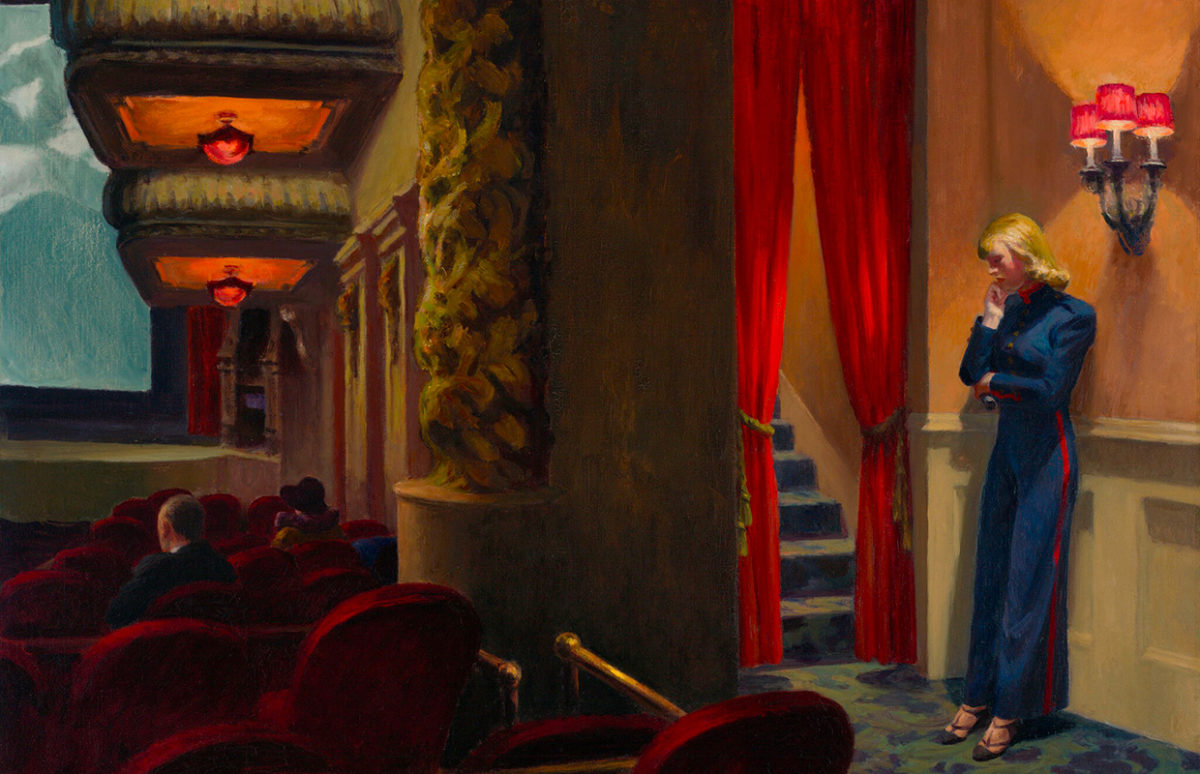 A painting of a woman, possibly an usherette, standing off to the side in a cinema screening room/