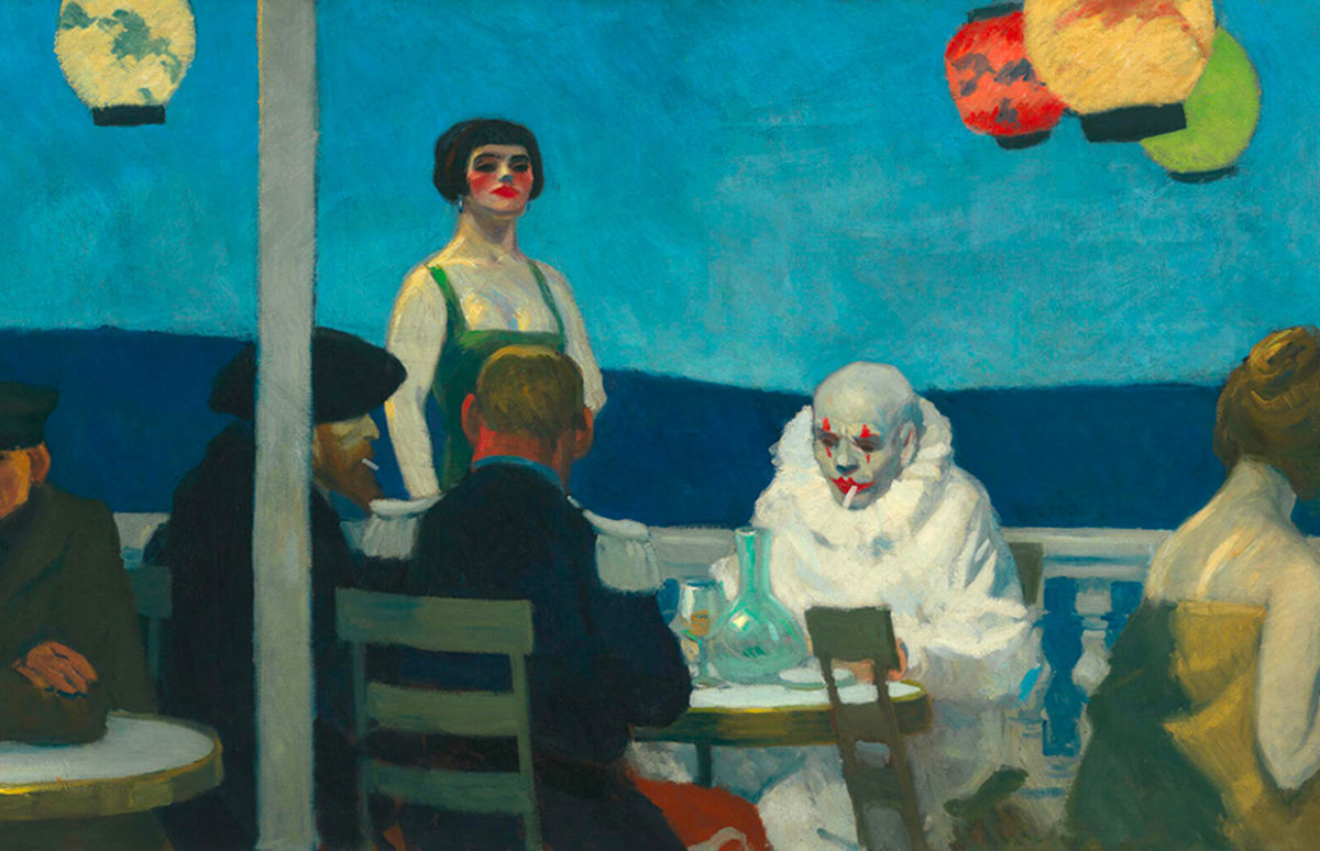 Edward Hopper, Soir Bleu, 1914, an outdoor café scene in France with a white-face clown.