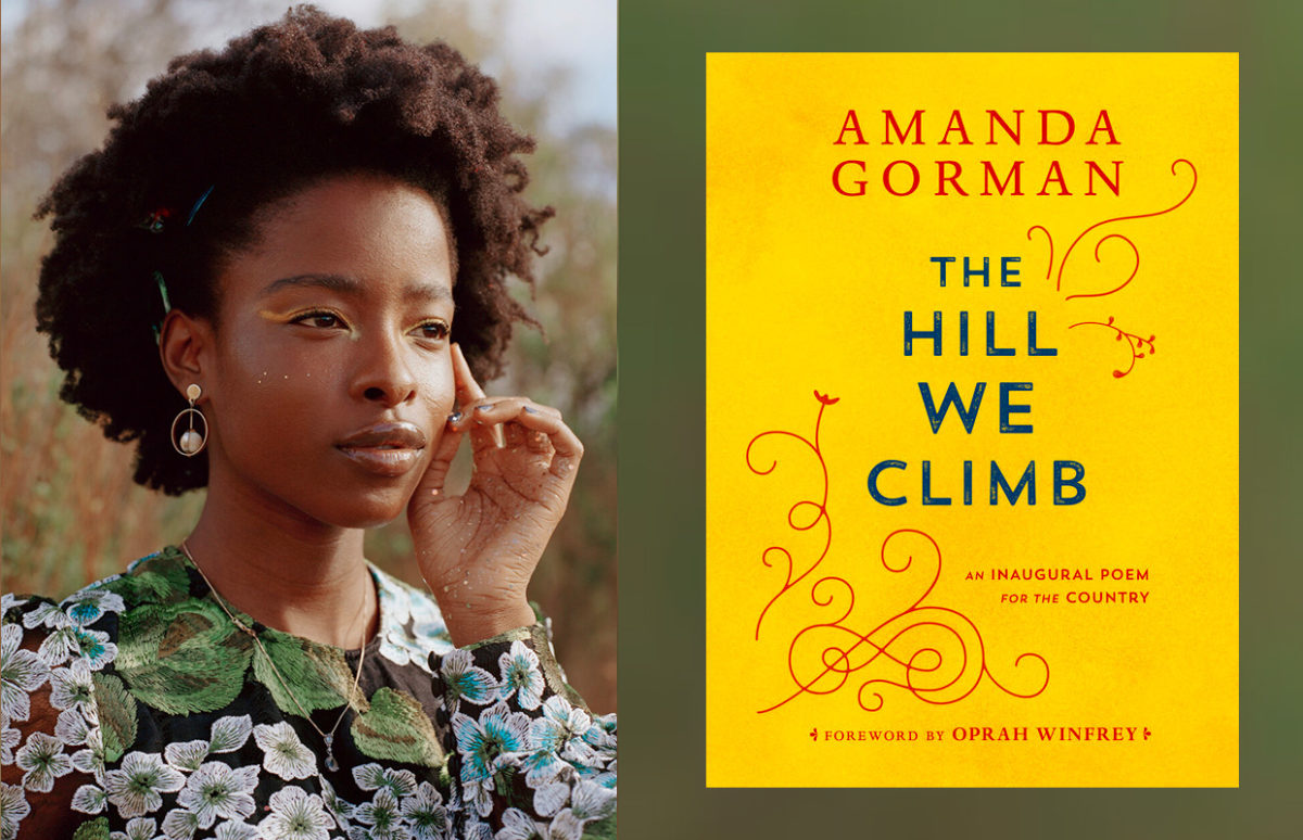 Amanda Gorman and the cover of her book The Hill We Climb.