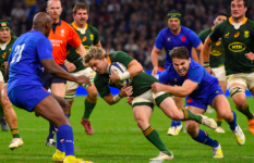 To win, France have to beat the current champions South Africa, as they did in this match in Marseille on 12 November, 2022. In the photo, South African scrum half (number 9) François “Faf” de Klerk is seen being tackled by French scrum half and captain Antoine Dupont. In the background in orange is the match referee, Wayne Barnes from England.