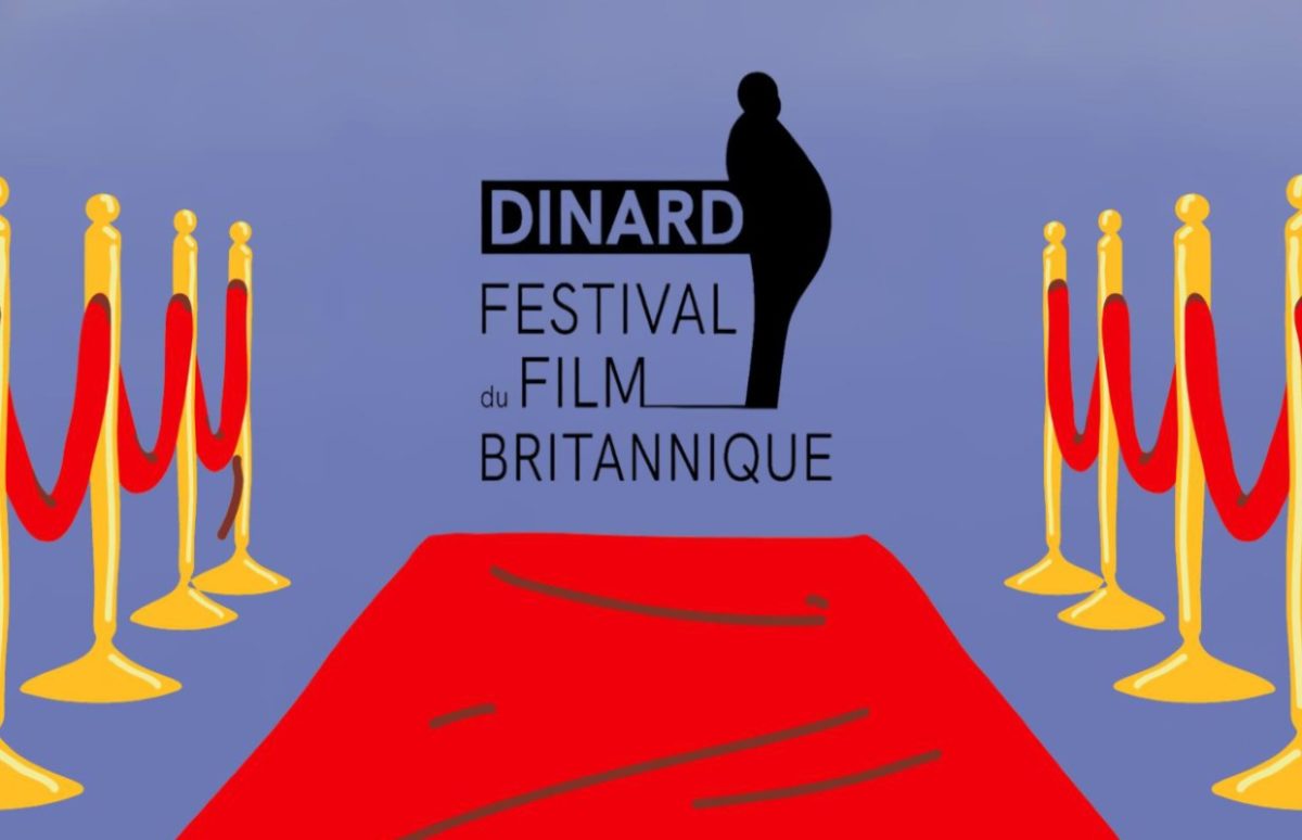 Logo Dinard Festival de Film Britannique with a silhouette of Alferd HItchcock and a red carpet.