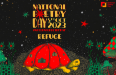 Poster for National Poetry Day 2023 on the theme of refuge. An image of a tortoise. Illustration by Daria Hlazatova from Chernivtsi, Ukraine
