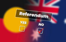 An image of an Aboriginal and an Australian flag with the words Referendum, yes, no. No is ticked.