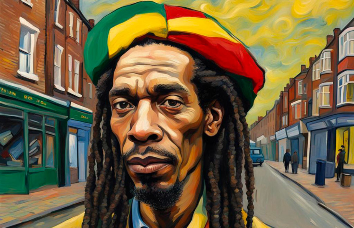 Benjamin Zephaniah in Rasta colours