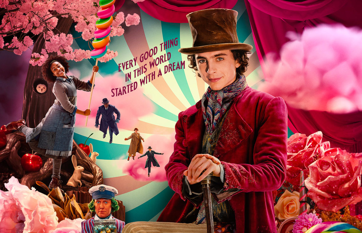 Timothée Chalamet on the Wonka poster and the slogan "Every good thing in this world started with a dream."
