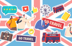 A British flag with various travel icons, double-decker buses, suitcases and the London Eye.