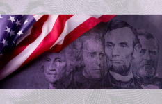 Images of Presidents George Washington, Thomas Jefferson, Abraham Lincoln and Ulysses S. Grant from U.S. bank notes, framed in a U.S. flag.