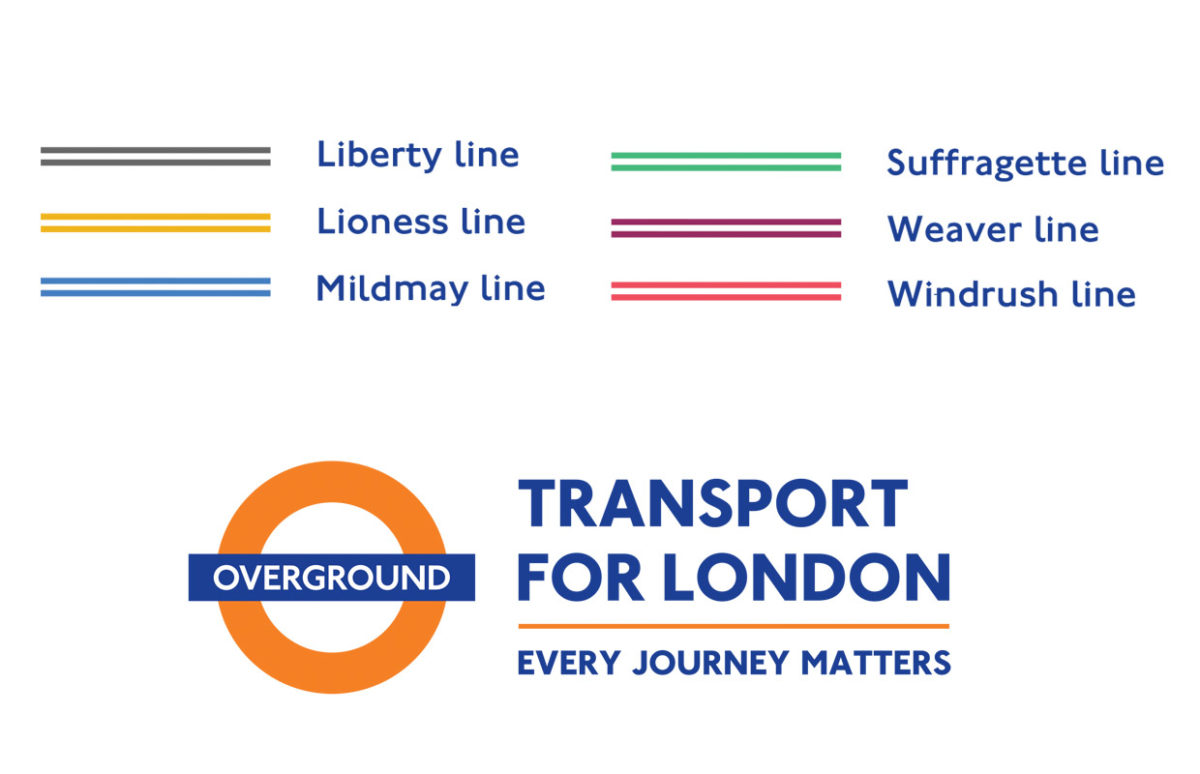 The Transport for London and Overground logos and the new names and colours of the six lines.