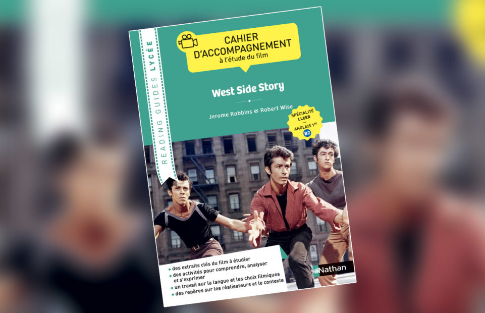 The cover of our reading guide for studying West Side Story, with a photo of the Sharks gang dancing.
