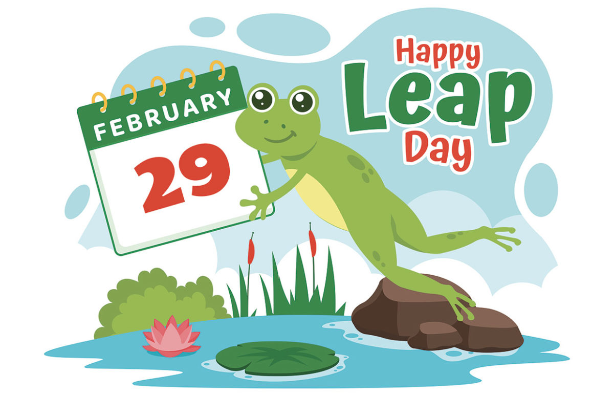 A frog holding a calendar saying February 29 and the slogan Happy Leap Day