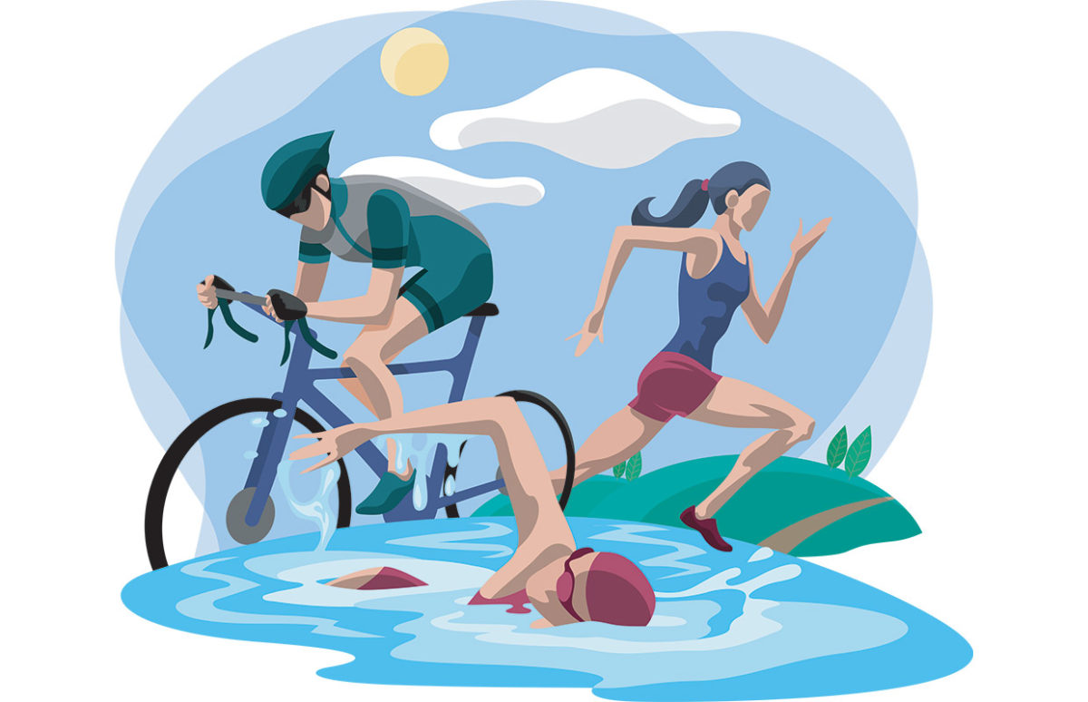 Illustration showing the three sports included in the triathlon, swimming, cycling and running.