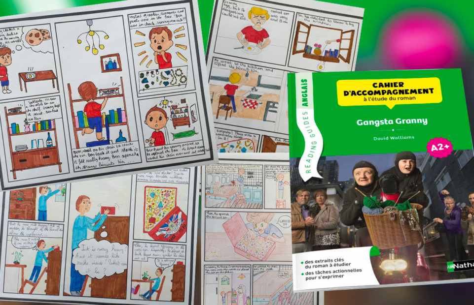 Some pupils' comic strips inspired by the Readnig Guide Gangsta Granny, which is also in the image.