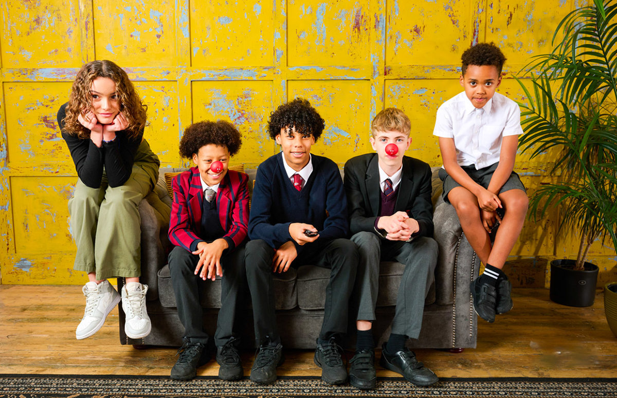 British schoolkids, including two with red clown's noses.