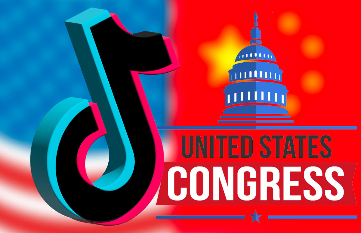 The logo for TikTok and an image of the United States Congress
