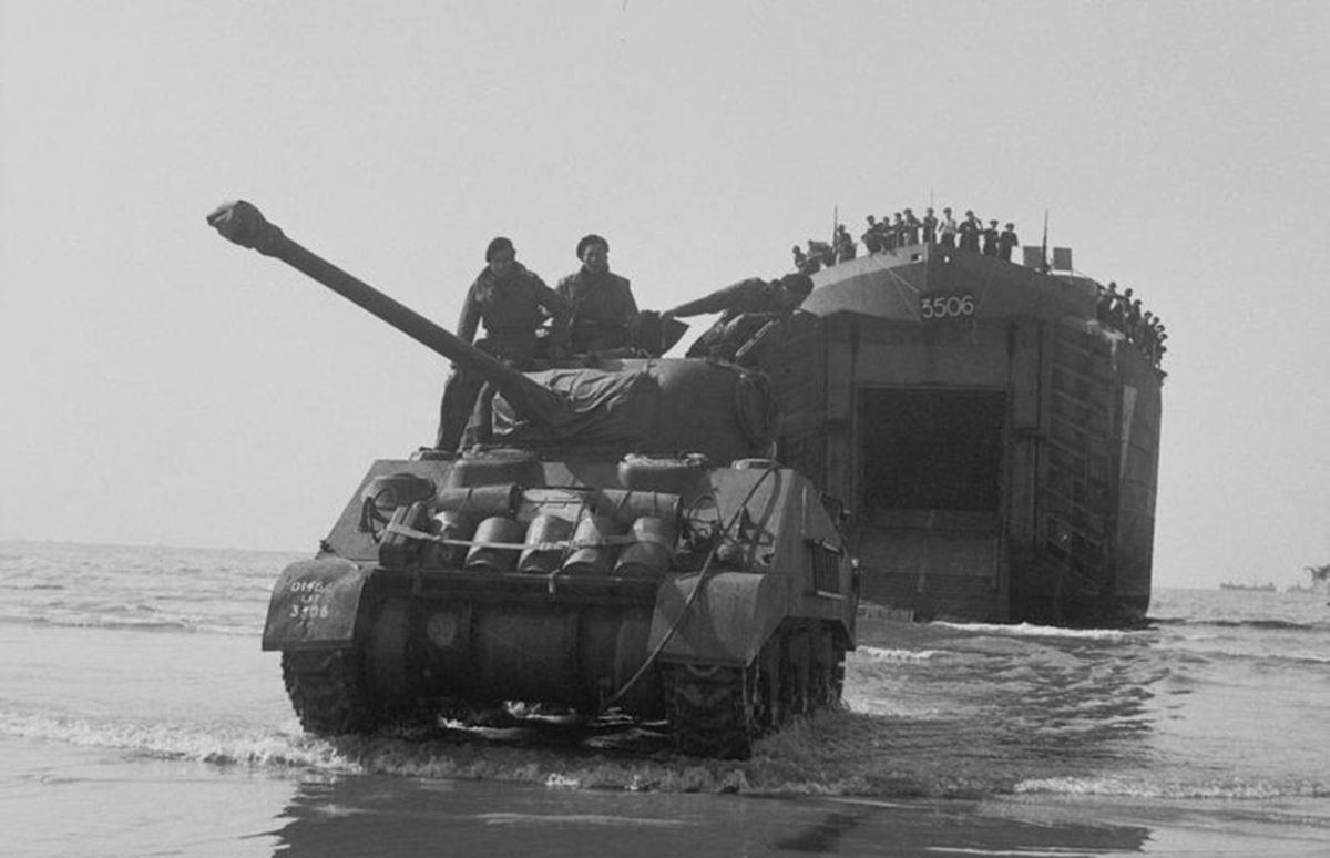 Tanks being landed on the Normandy beaches on D-Day, 1944.