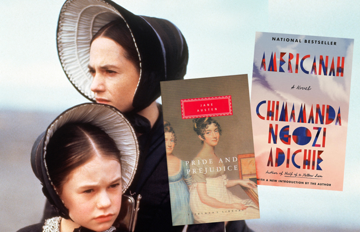 A photo from the film The Piano and the covers of Pride and Prejudice by Jane Austen and Americanah by Chimamanda Ngozi Adichie