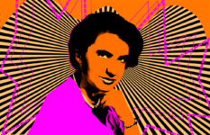 A pop-art rendering of a portrait of Rosalind Franklin.