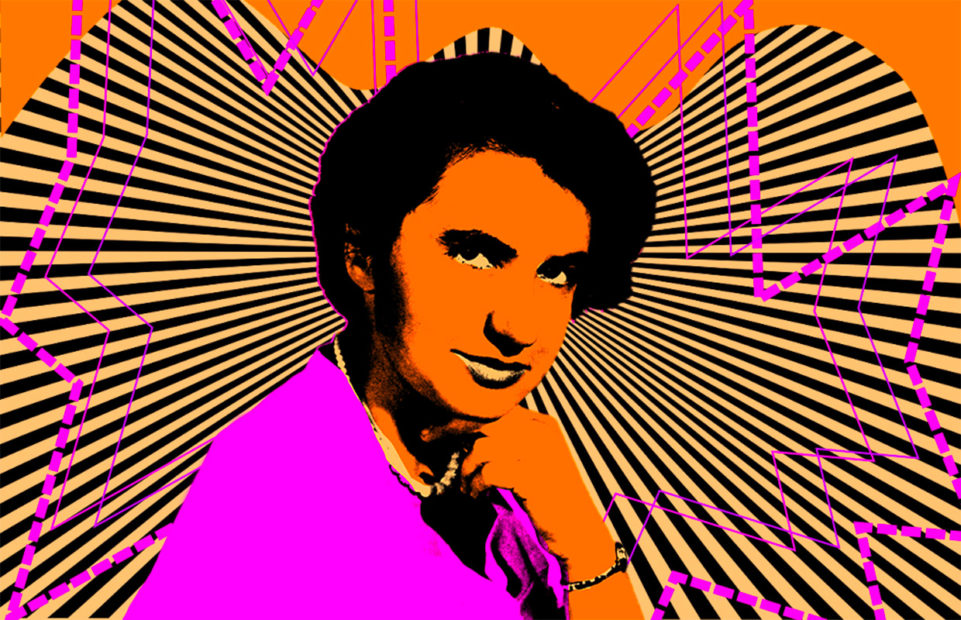A pop-art rendering of a portrait of Rosalind Franklin.