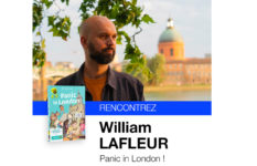 A portrait of WIlliam Lafleur in Toulouse with the comic book Panic in London