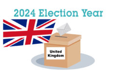 A slogan saying 2024 Election Year, a British flag and a ballot box marked United Kingdom.