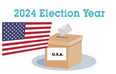 A slogan saying 2024 Election Year, a U.S. flag and a ballot box.