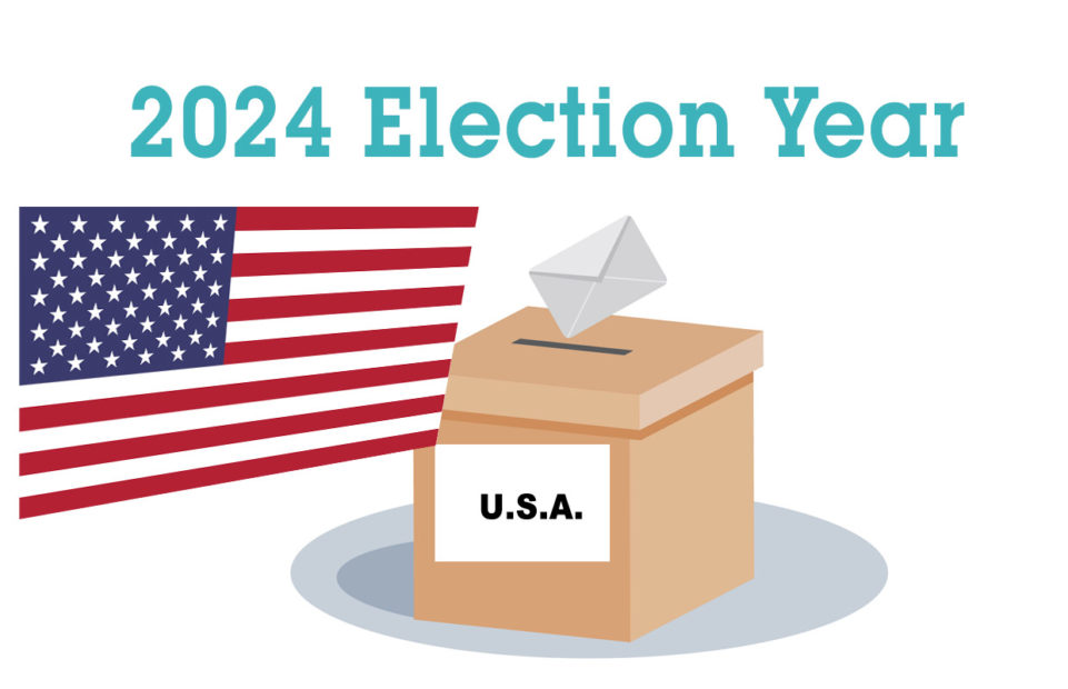 A slogan saying 2024 Election Year, a U.S. flag and a ballot box.