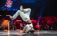 Champion breakdancer Logistx of the USA competes in Gdansk, Poland.