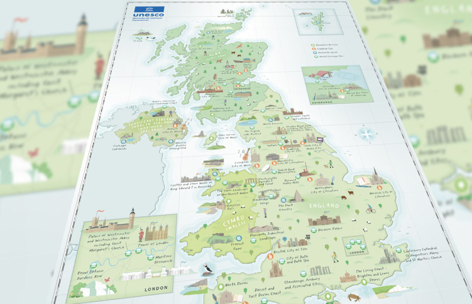 An illustrated map of the U.K.'s UNESCO sites.