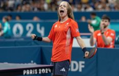 Bly Twomey celebrating after her bronze medal win.