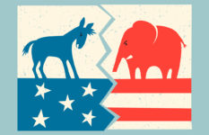 A blue donkey and red elephant, representing the Republican and Democratic parties, on a U.S. flag