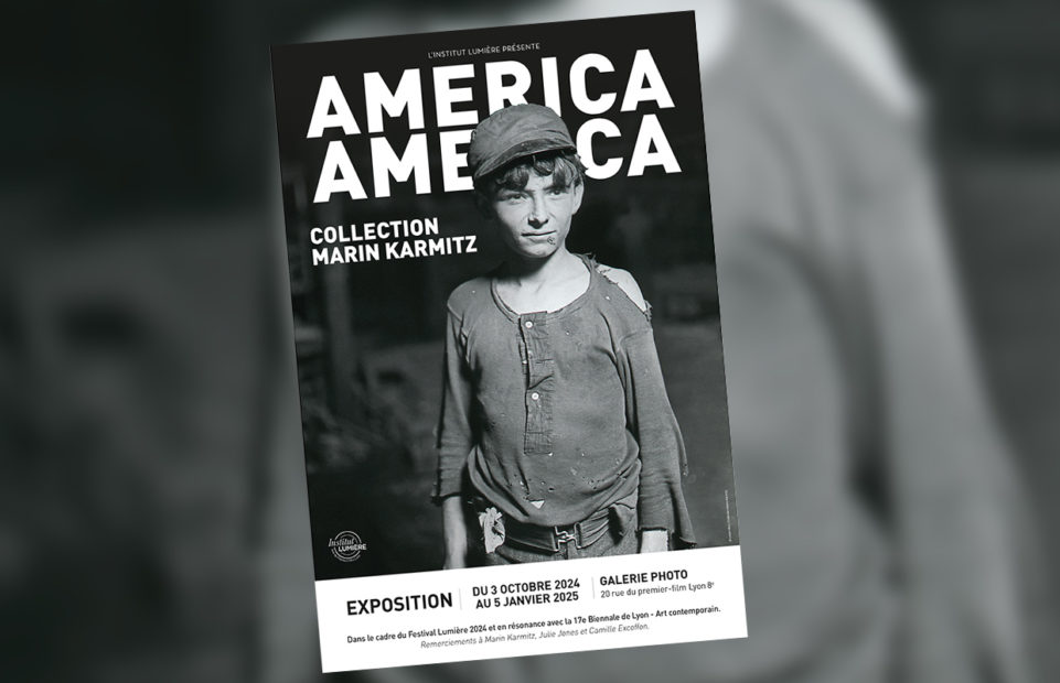 Poster for the America, America exhibition with a black-and-white photo of a young child labourer.