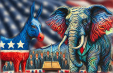 Donkey and elephant against the Stars and Stripes.