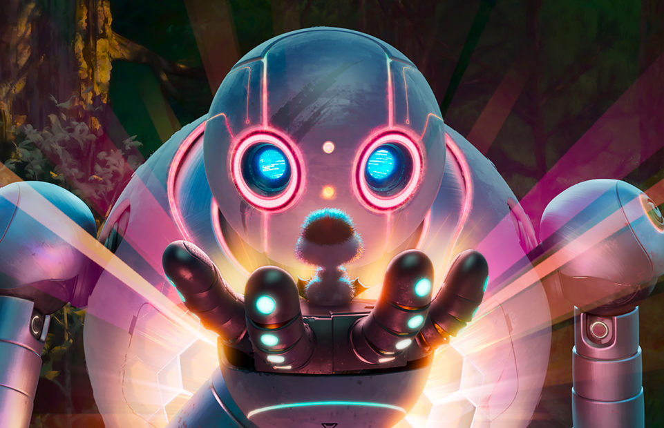 Roz the robot looking at the gosling in its hand.