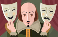 An illustration of Shakespeare holding the masks of comedy and tragedy in his hands.