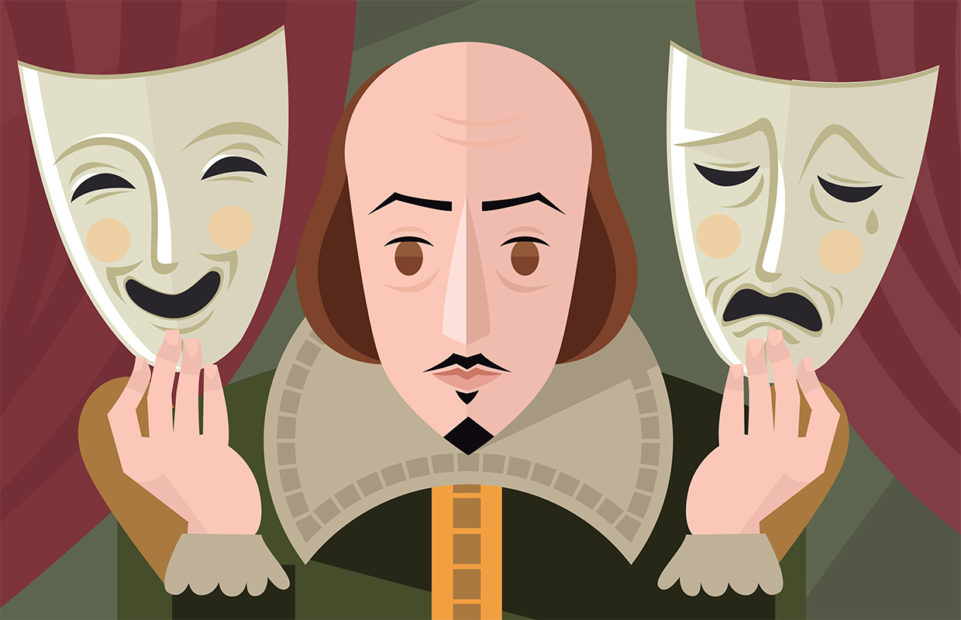 An illustration of Shakespeare holding the masks of comedy and tragedy in his hands.