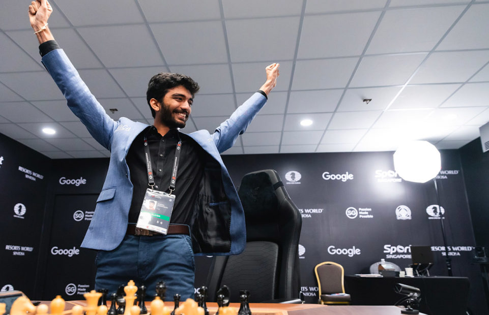 Gukesh Dommaraju celebrating his win.