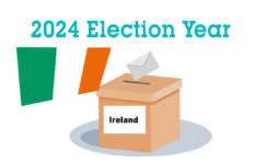A picture of a ballot box marked Ireland, an Irish flag and the banner 2024 Election Year