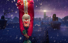 Santa Claus hanging upside down with a night sky in the background