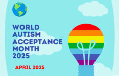 A rainbow coloured light bulb, a globe and the slogan World Autism Acceptance Month 2025 April 2025