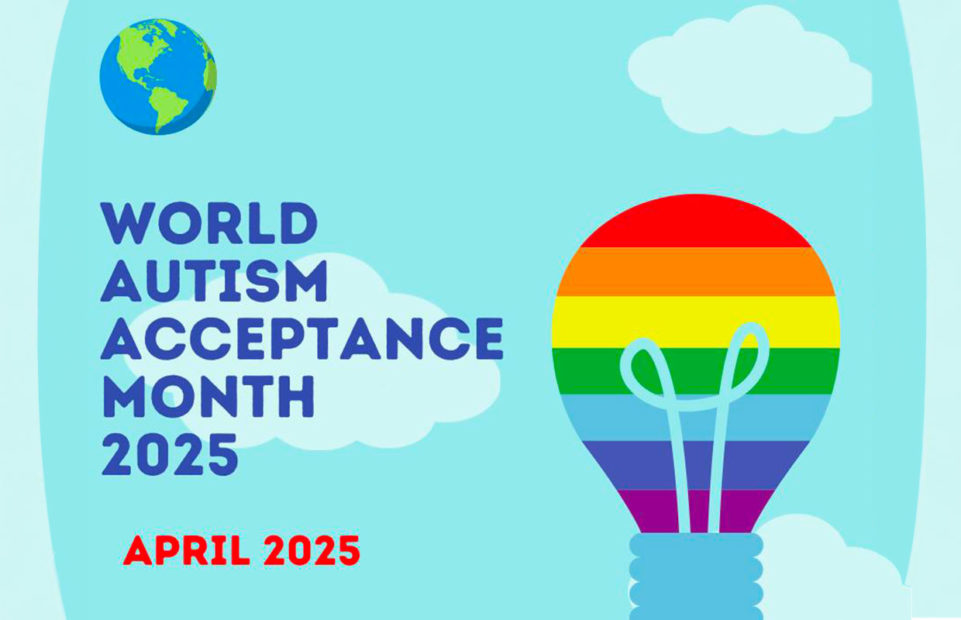 A rainbow coloured light bulb, a globe and the slogan World Autism Acceptance Month 2025 April 2025