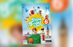 The cover of Shine Bright 6e with a boy carrying a basketball, a girl leapfrogging over a postbox, Big Ben, etc