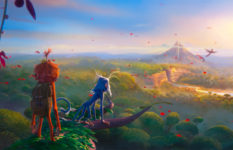 A still from Ozi Voice of the Forest where Ozi and her friend Chance are seen from the back looking out over the forest landscape.