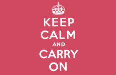Red poster with a crown and Keep Calm and Carry On in white type.