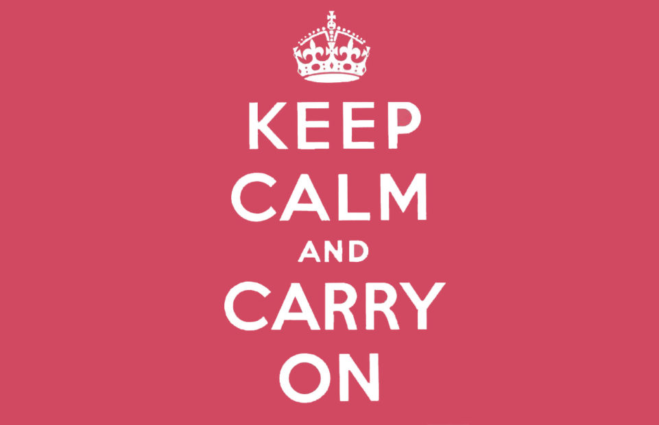 Red poster with a crown and Keep Calm and Carry On in white type.